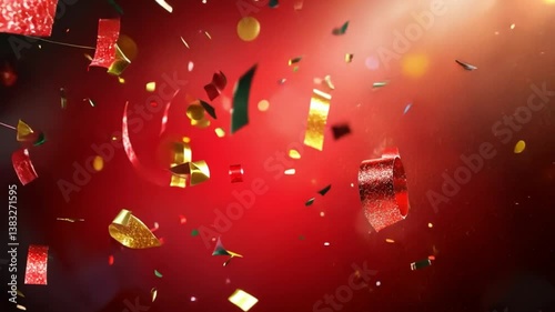 Abstract red festive background with golden confetti and streamers
