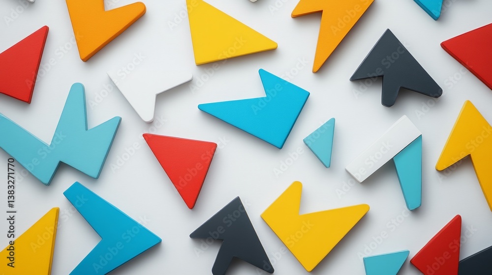 Abstract geometric shapes and arrows symbolizing business strategy and direction on a clean white background. Abstract geometric shapes and arrows symbolizing business strategy and direction on a clean white background.