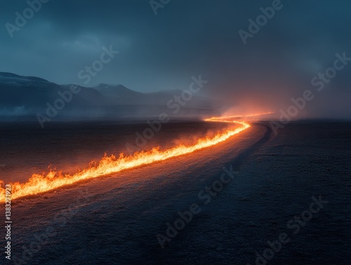 Fiery trail blazing across desolate landscape under a somber sky creating a captivating contrast and dramatic visual mood