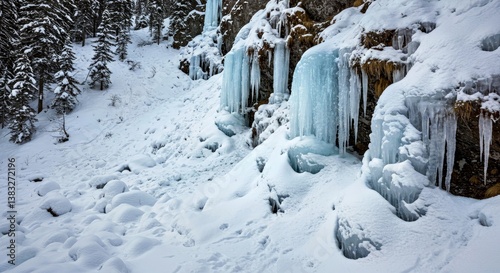 A mountain range after a heavy snowfall, with icicles hanging from cliffs