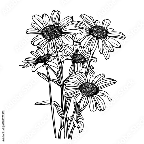 Sketch of a bouquet of flowers. Black outline drawing is drawn by hand. Vector illustration