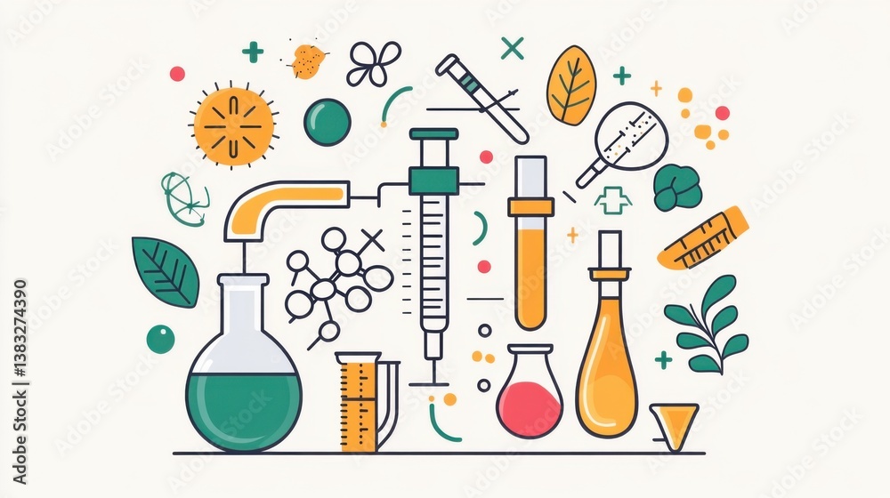 Biotechnology. Colorful Science Research Illustration Featuring Lab Equipment and Natural Elements Biotechnology. Colorful Science Research Illustration Featuring Lab Equipment and Natural Elements