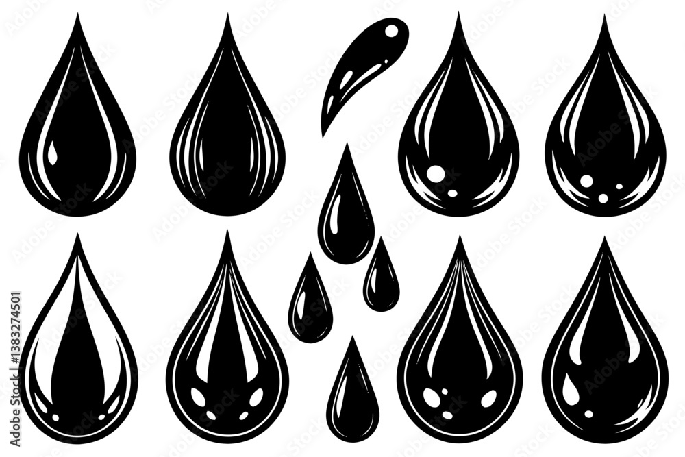 Puddles drops splashing water. Dripping liquid elements, isolated black ink flow. Tears flowing vector and silhouettes, oil or rain drips Puddles drops splashing water. Dripping liquid elements, isolated black ink flow. Tears flowing vector and silhouettes, oil or rain drips