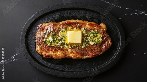 Juicy Steak Served on Hot Stone with Melting Butter on Top