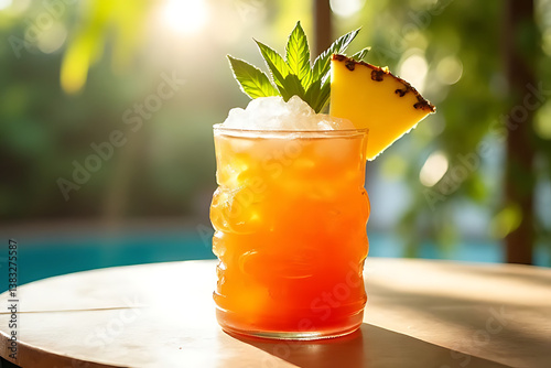 vibrant mai tai cocktail served in a sculpted tiki glass with crushed ice, mint sprigs, pineapple wedge, tropical background blurred, sunny atmosphere