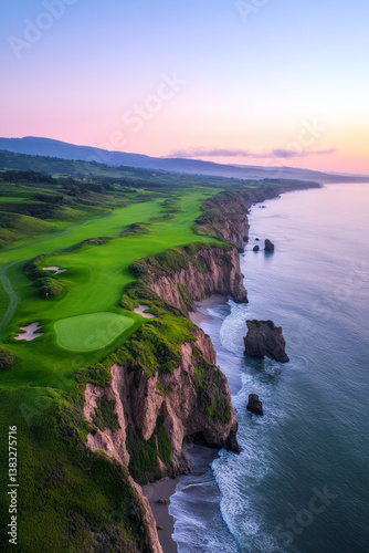 A dreamy seaside setting with manicured greens rolling toward a cliff edge, with sunset light