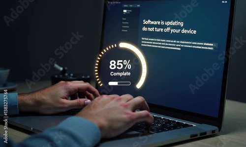 Operating system upgrade concept, installation app and software update process, modernize user equipment, update modern functions, developer released new version Improved security. User is downloading