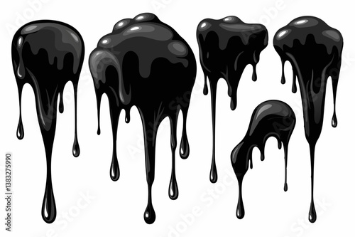 Set of Realistic Black Paint Drips Isolated on White Background