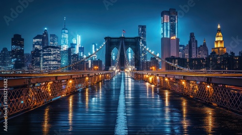 Nighttime Brooklyn Bridge, Manhattan skyline, rain, cityscape, travel