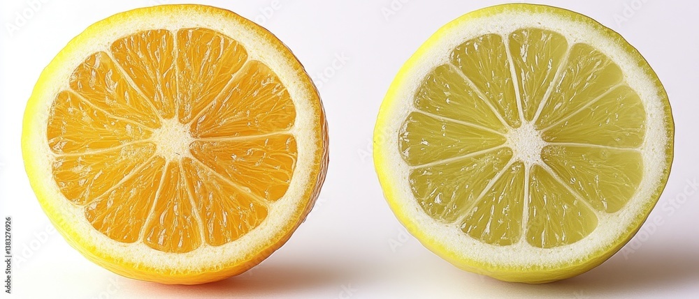 Obraz premium Vibrant Citrus Harmony Two Halved Fruits Lemon and Orange Juxtaposed on White Background Revealing Juicy Texture and Contrasting Colors in Studio Shot