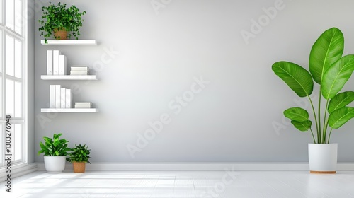 Serene and Modern Interior Scene Showcasing Indoor Plants and Shelving Against a Clean Minimalist Background for Contemporary Living Spaces ,Office interior backdrop for online meetings