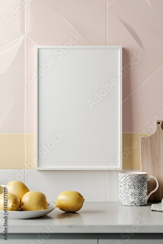 Minimalistic kitchen scene with blank frame on tiled wall, lemons and mug on countertop