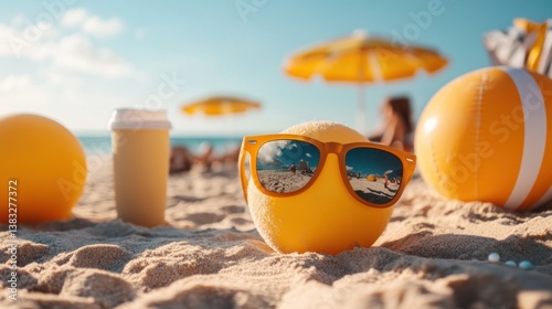 Beach ball with sunglasses on sand