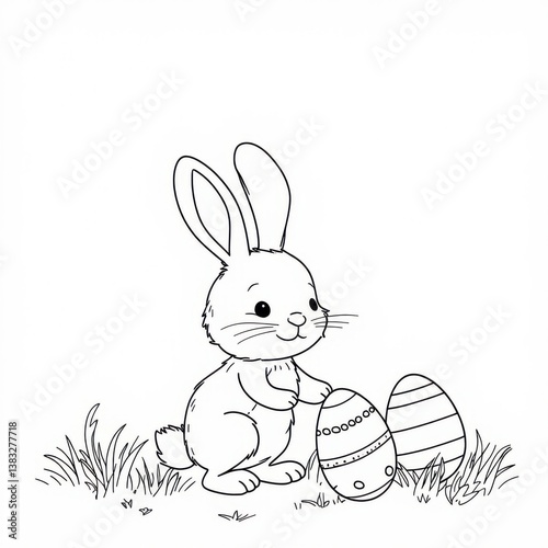 Conejo de pascua, con varios huevos, en el campo, dibujo en blanco y negro para colorear, la imagen está vista de medio lado, patrón ilustración dibujo animado