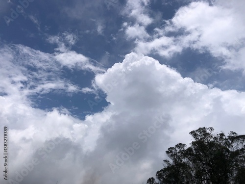 a beautiful view of the sky, showcasing a mix of white and gray clouds with a deep blue sky visible in between