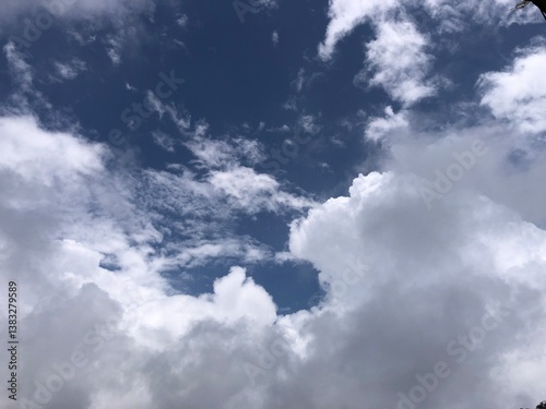 a beautiful view of the sky, showcasing a mix of white and gray clouds with a deep blue sky visible in between