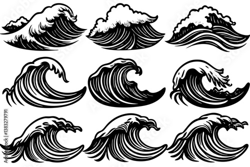 Sea waves sketch. Storm wave, vintage tide and ocean beach storms hand drawn vector and illustration set