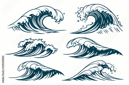 Sea waves sketch. Storm wave, vintage tide and ocean beach storms hand drawn vector and illustration set