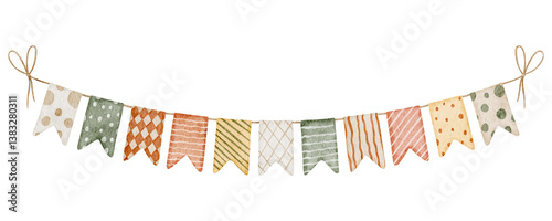 Pennants watercolor illustration in boho style. Drawing of Garlands with orange and yellow Flags for newborn party invitations or celebration greeting cards. Art for festivity string for baby design.