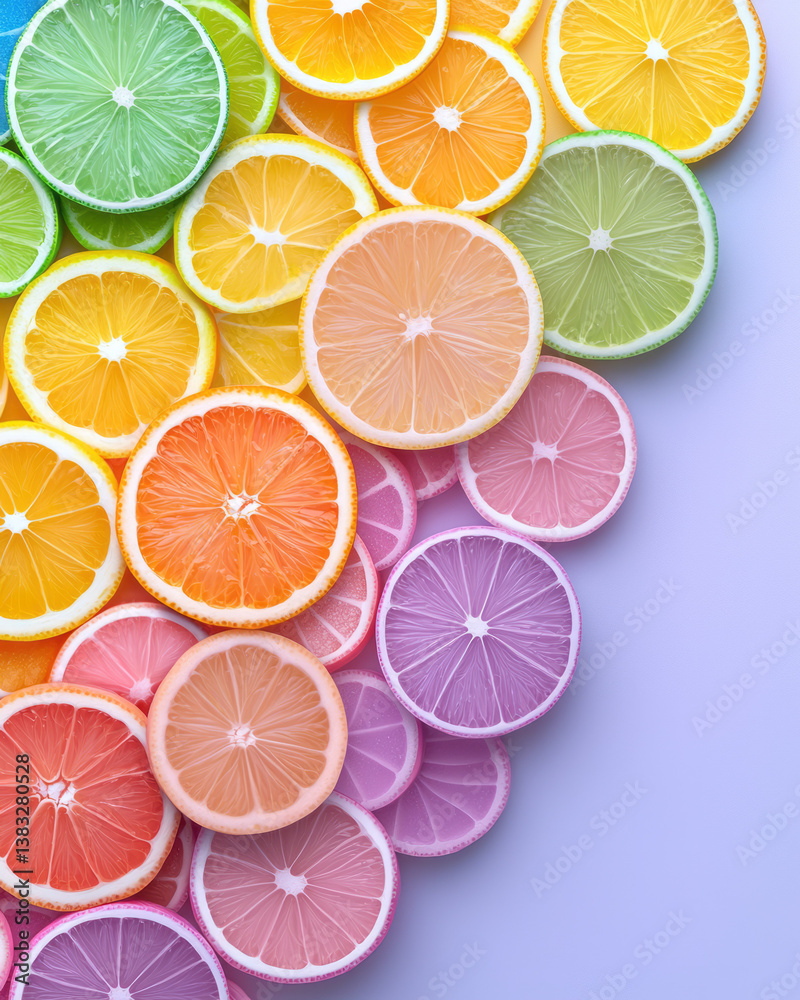 Obraz premium A playful arrangement of rainbow-colored candies and sliced citrus fruits styled in a circular