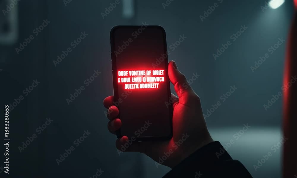 SMS spam, fake text message phishing from scammer concept. System hacked red warning alert, email hack, scam malware spreading virus on message alert virtual on mobile phone screen in person hand