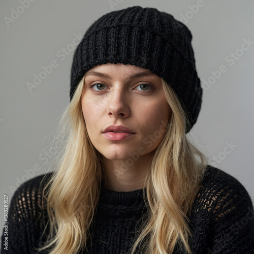 blonde girl, 25 years old, wearing a knitted hat on her head, half-sided, on a white background, in a black knitted sweater, close-up, photorealism, realistic skin