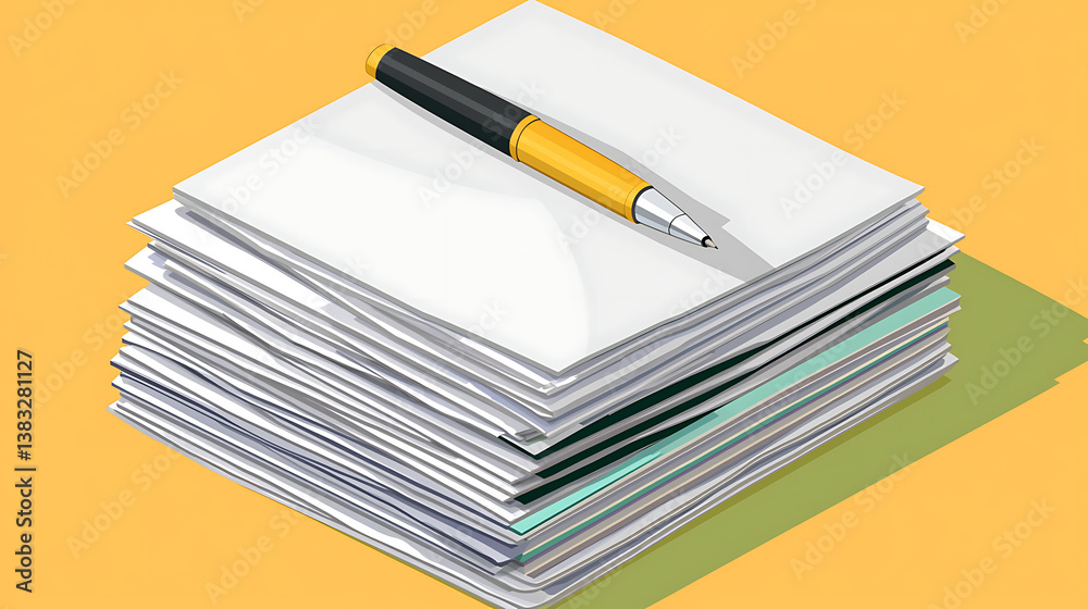 A pen is on top of a stack of papers A pen is on top of a stack of papers