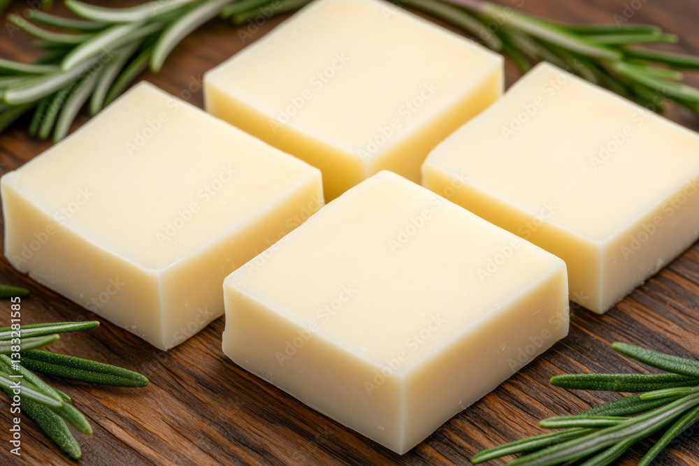 A close-up of three white cheese cubes arranged on a dark wood surface, with rosemary leaves A close-up of three white cheese cubes arranged on a dark wood surface, with rosemary leaves