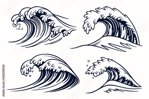 Sea waves sketch. Storm wave, vintage tide and ocean beach storms hand drawn vector and illustration set