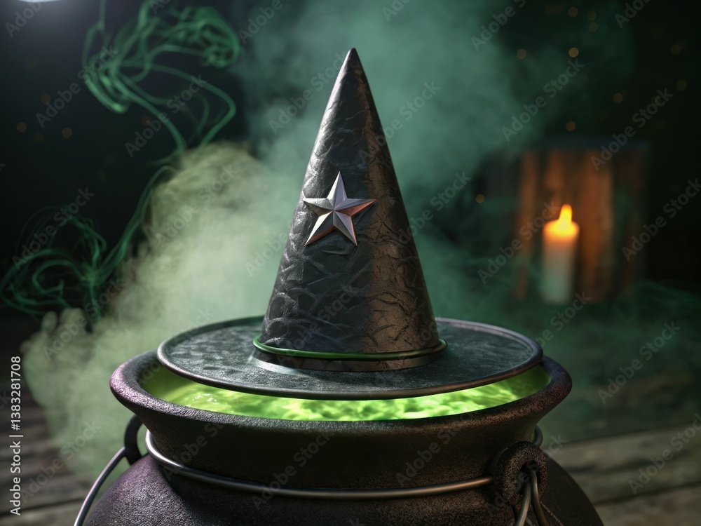 A mystical cauldron with a witch's hat, bubbling green liquid, surrounded by smoke and soft candlelight, creating an enchanting atmosphere.