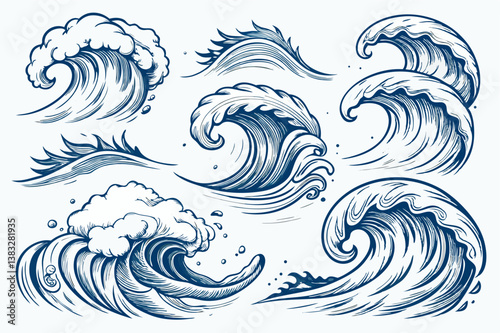 Sea waves sketch. Storm wave, vintage tide and ocean beach storms hand drawn vector and illustration set