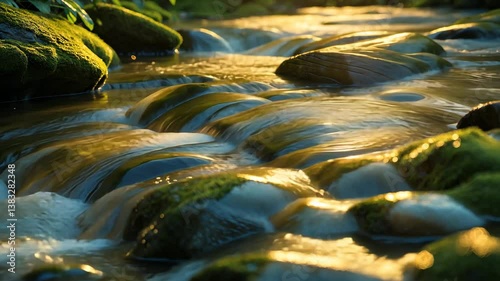 Golden reflections glimmer on the surface of moving water as it flows over stones. The undulating patterns evoke a feeling of movement and serenity.
