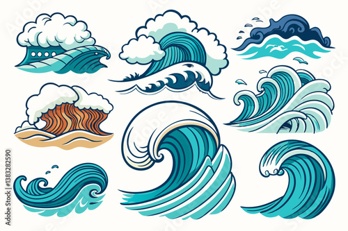 Sea waves sketch. Storm wave, vintage tide and ocean beach storms hand drawn vector and illustration set