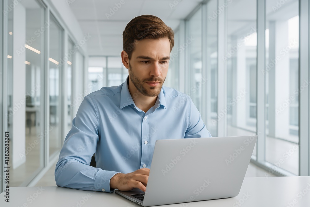 Focused employee working on laptop in clean open office with white walls, glass panels, and natural daylight Focused employee working on laptop in clean open office with white walls, glass panels, and natural daylight