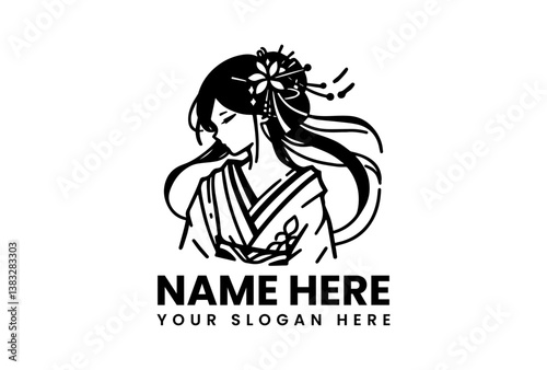 Minimalist geisha silhouette in circular frame, contemporary Japanese cultural emblem for modern branding applications