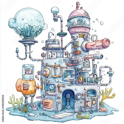 Whimsical Underwater Robot Factory Pastel Colors and Intricate Details