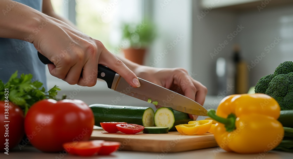 Detail shot of someone preparing a healthy meal by slicing colorful produce on a cutting board in a bright kitchen setting. Detail shot of someone preparing a healthy meal by slicing colorful produce on a cutting board in a bright kitchen setting.