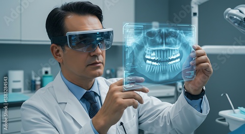 Dentist wearing smart AR glasses analyzing a 3D holographic dental X-ray