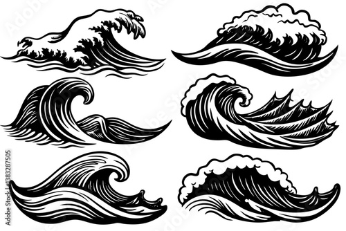 Sea waves sketch. Storm wave, vintage tide and ocean beach storms hand drawn vector and illustration set