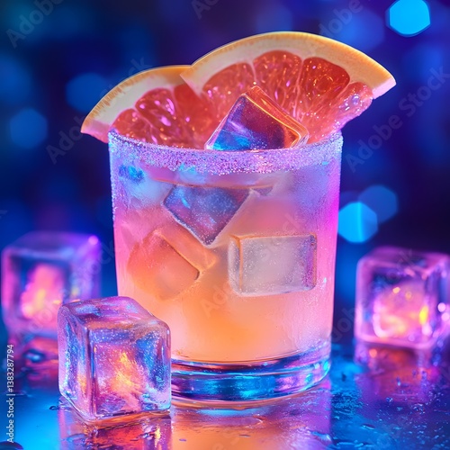 Neon-lit grapefruit cocktail on ice