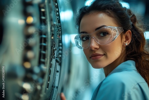 Woman in safety glasses stands next to complex machine panel. It represents technology, safety, and can show progress in industry.