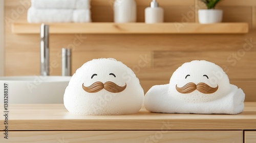 Funny face sponges on bathroom counter photo