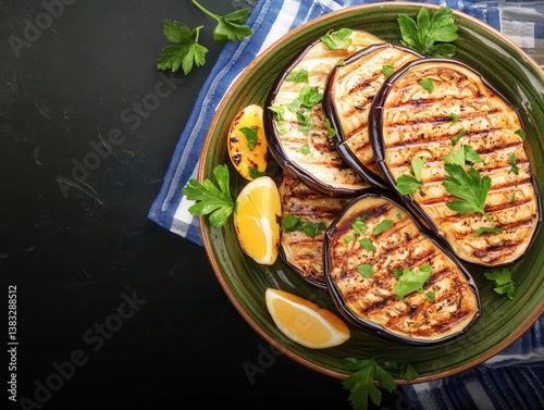 Delicious grilled eggplant slices glazed with savory miso, garnished with fresh parsley and lemon wedges, presented on a rustic green plate for a vibrant Japanese Nasu Dengaku
