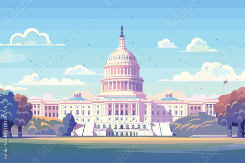 The front of the Capitol Building on a clear sky background