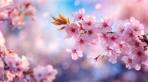Serene Cherry Blossom Branch with Soft Pink Flowers and Blurry Background