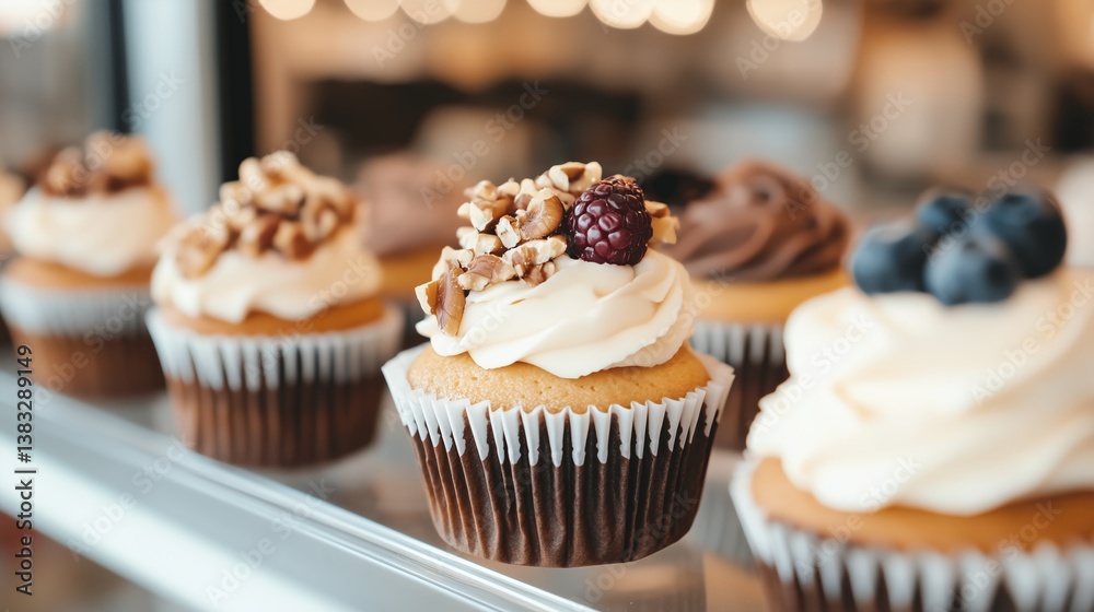Assorted gourmet cupcakes with nuts and fruit toppings Assorted gourmet cupcakes with nuts and fruit toppings