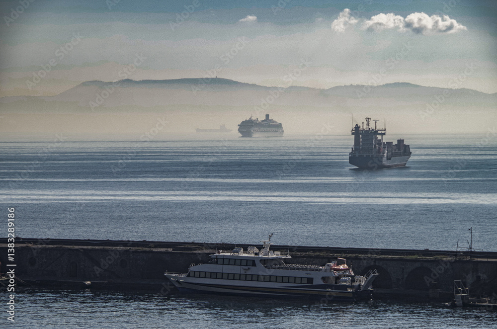 Modern cruiseship cruise ship liner Fascinosa arrival into Napoli Naples, Italy port during summer Mediterranean cruising early morning sunrise fog bank misty