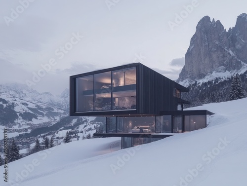 Modern chalet nestled in snowy mountains
