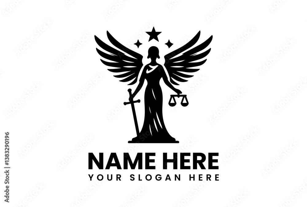 Obraz premium Mythological lawbringer angel with ornate sword, celestial justice emblem for premium legal branding and luxury institutions