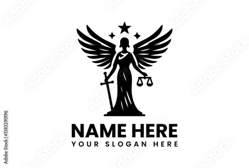Mythological lawbringer angel with ornate sword, celestial justice emblem for premium legal branding and luxury institutions